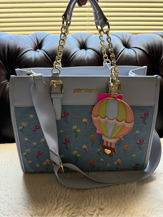 Betsey Johnson Handbags - Betsey Johnson NWT Light Blue Denim Floral Tote with Hot Air Balloon Charm